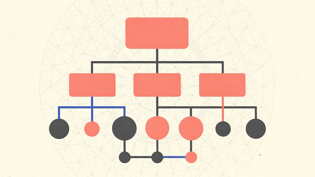 Architecture sémantique de contenu — illustration risograph d'un réseau de pages interconnectées formant un cocon sémantique