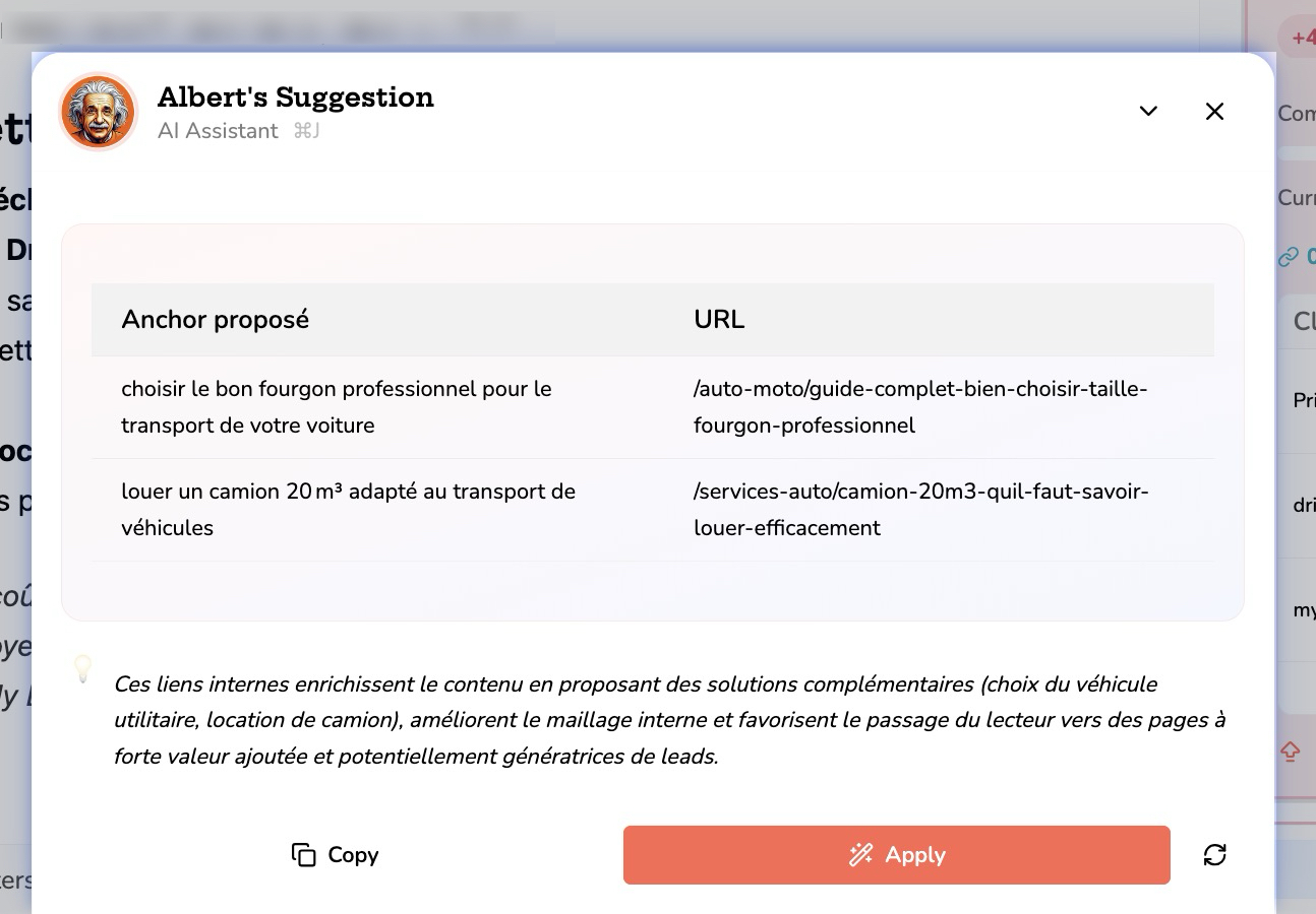Albert AI suggère automatiquement les liens internes pertinents pour votre cocon sémantique dans SEOQuantum